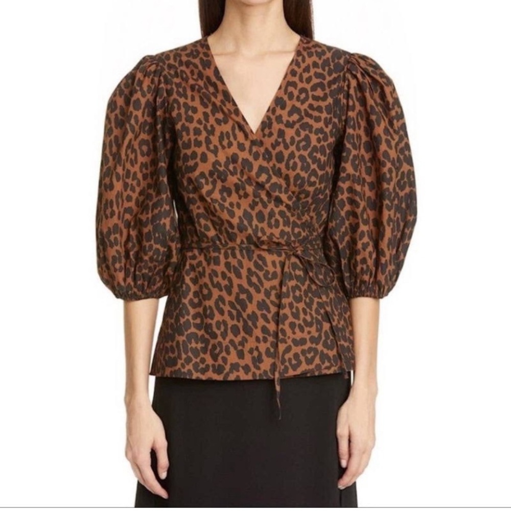 New Ganni Leopard Print Balloon Puff Sleeve Peplum Wrap Top Sz 34/ US 2